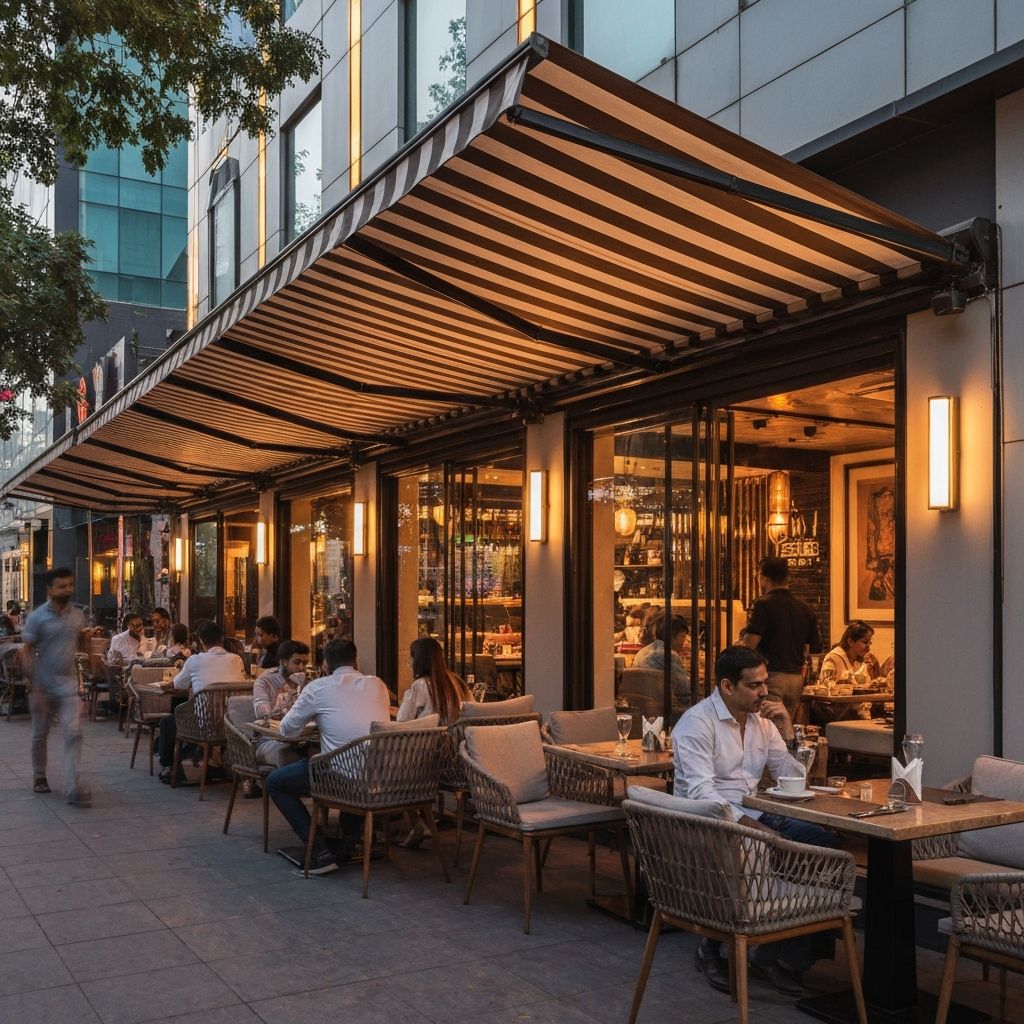 Retractable awning installed on cafe in Delhi