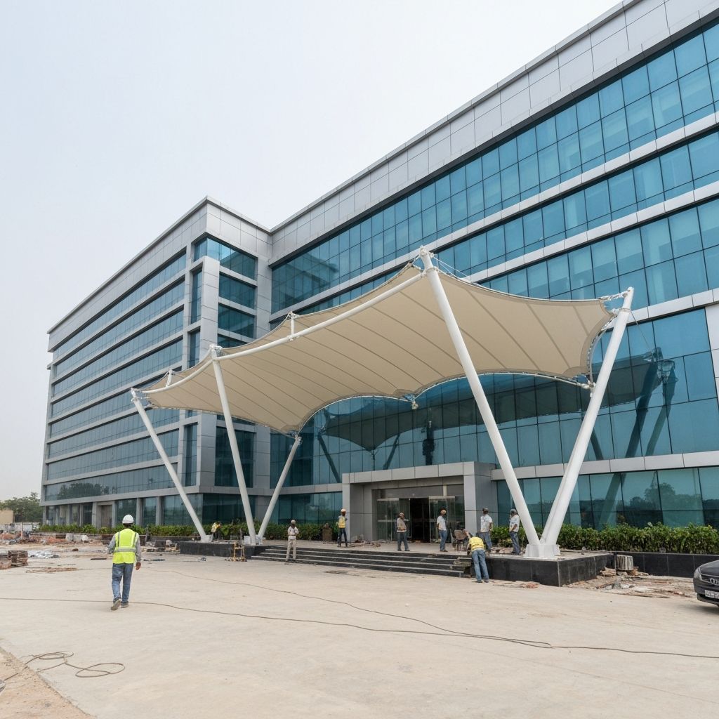 A.K. Decor team installing a premium tensile structure in Delhi