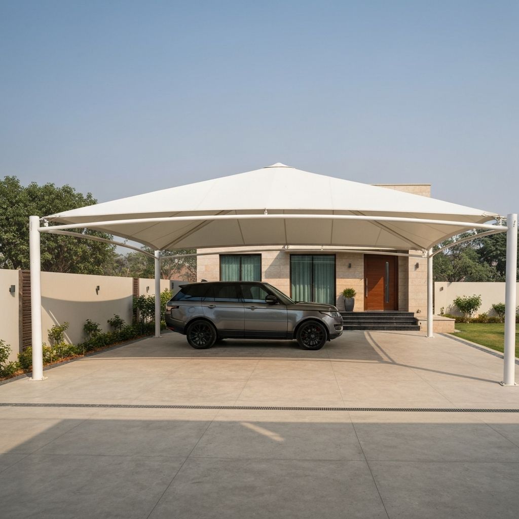 Modern luxury home with premium tensile structure car parking shed in Delhi